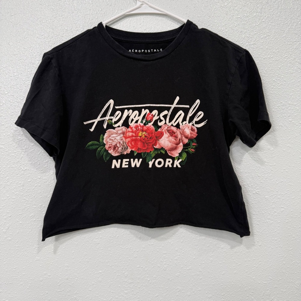 Aeropostale New York Floral Graphic Crop Top Black XS Short Sleeve Tee